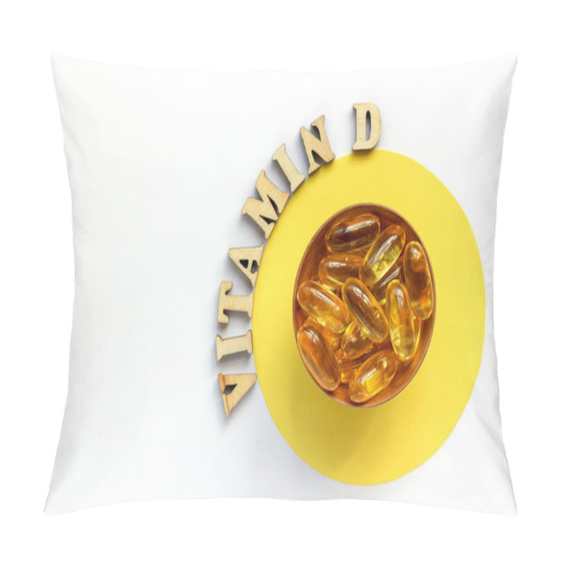 Personality  Yellow Pills Or Tablets In A Small Plate. Vitamin D Words Lined With Wooden Letters. Health Concept. Flat Lay, Copy Space. Pillow Covers