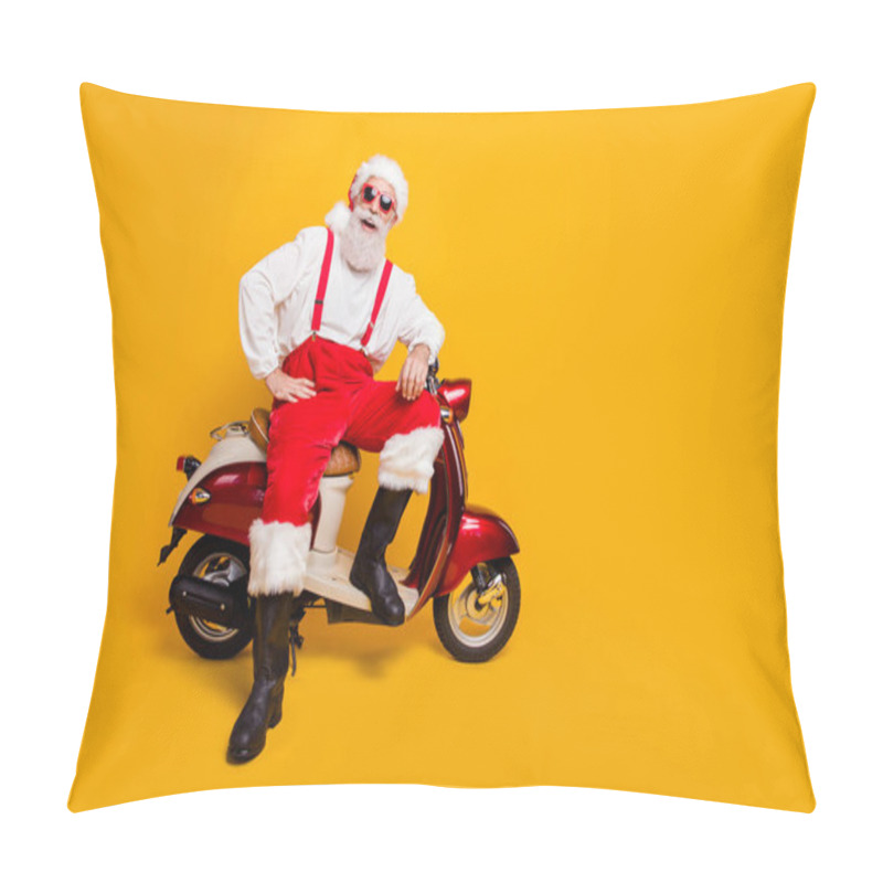 Personality  Full Size Photo Of Funny Santa Aged Man In Festive Mood Ready For X-mas Theme Party Sitting On Vintage Bike Wear Sun Specs Pants Cap Shirt Boots Isolated Yellow Color Background Pillow Covers