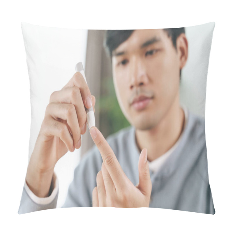 Personality  Man Using Lancet On Finger For Checking Blood Sugar Level By Glucose Meter, Healthcare And Medical, Diabetes, Glycemia Concept Pillow Covers