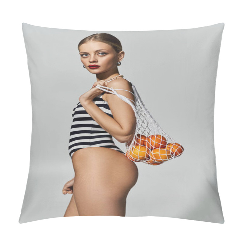 Personality  Fashionable Woman In Bikini Holding Oranges In Net Bag. Pillow Covers