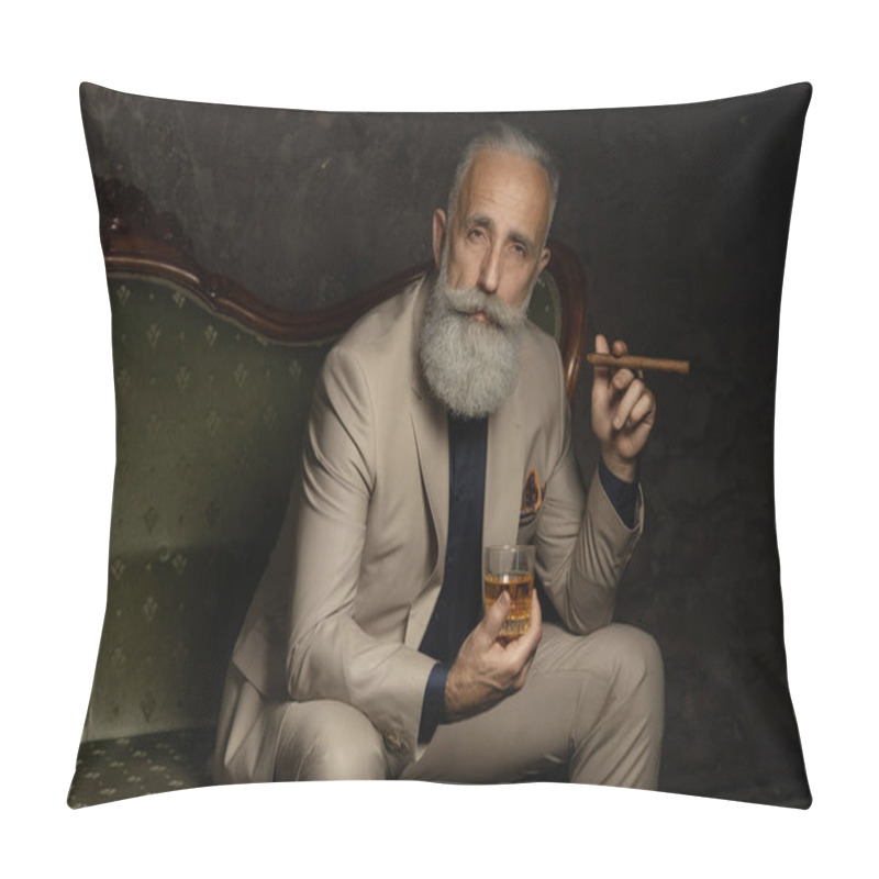 Personality  Stylish Handsome Bearded Man Holding Glass Of Whiskey. Pillow Covers