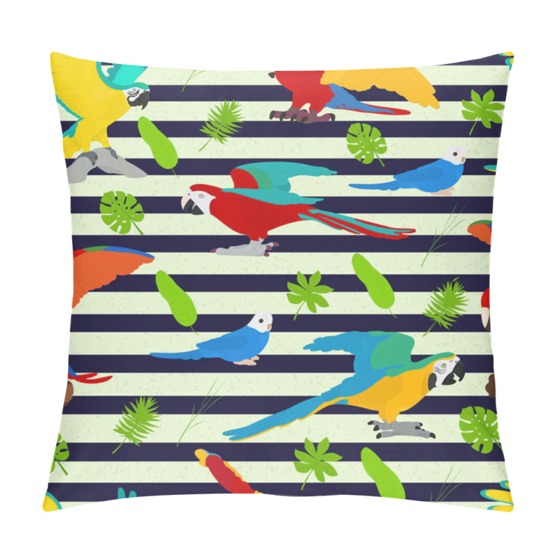 Personality  Seamless Vector Background On A Tropical Theme With Parrots On A Striped Background Pillow Covers