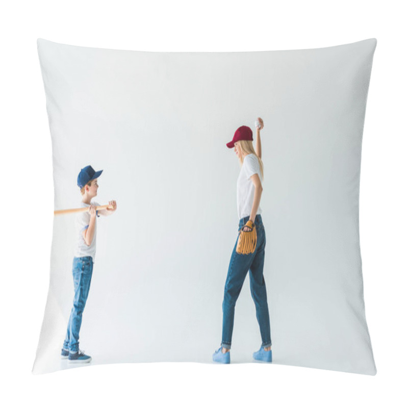 Personality  Side View Of Mother Pitching Baseball Ball To Son With Baseball Bat Isolated On White Pillow Covers