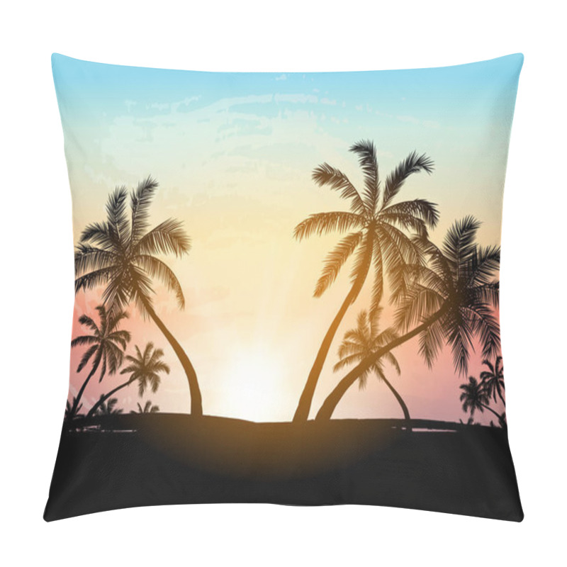 Personality  Card With Realistic Palm Trees Silhouette On Tropical Grunge Sunset Beach Background. Pillow Covers