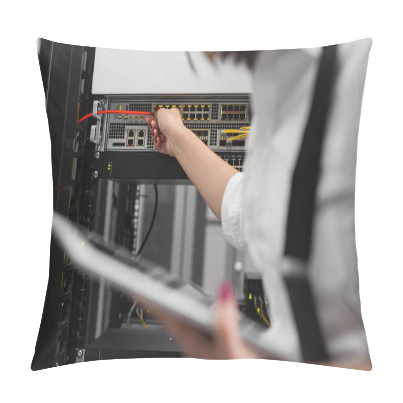 Personality  Technician Examining Server In Server Room Pillow Covers