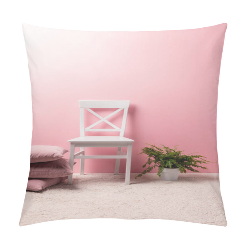 Personality  Chair With Pillows And Fern Pot In Front Of Pink Wall Pillow Covers