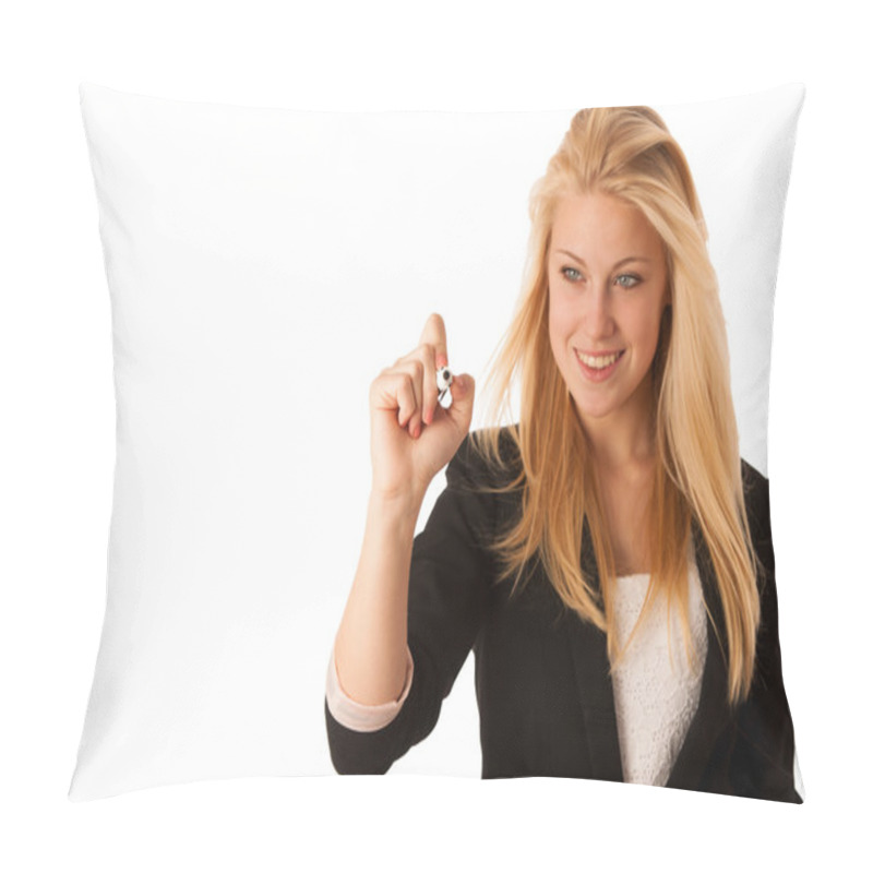 Personality  Young Blonde Business Woman With Blue Eyes, Writes On A Glass Ta Pillow Covers