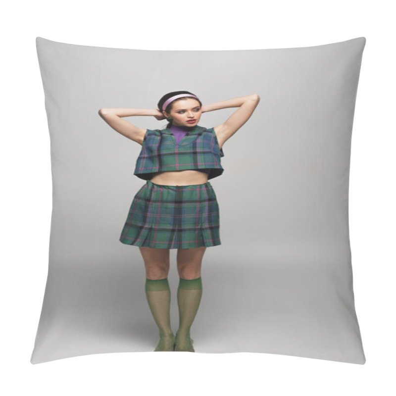 Personality  Full Length Of Young Model In Headband, Earrings And Retro Checkered Outfit Posing On Grey  Pillow Covers