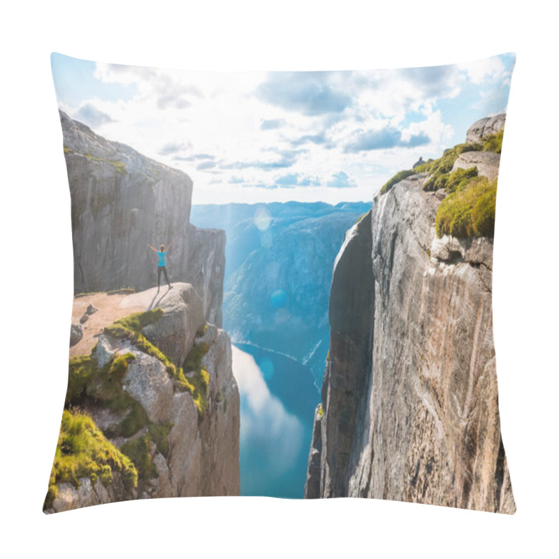 Personality  Woman On Kjeragbolten Travel In Norway Pillow Covers