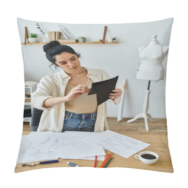 Personality  Woman Upcycles Clothes At Creative Workspace. Pillow Covers