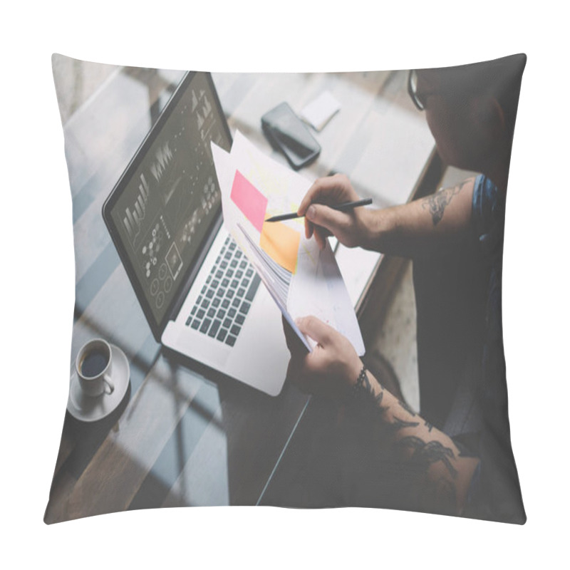 Personality  Young Tattooed Coworker Working With Laptop  Pillow Covers