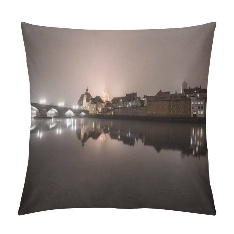 Personality  View To The Stone Bridge In Regensburg At Night In The Fog Over The River Danube With The Illuminated Cathedral And Historical Old Town In The Background, Germany Pillow Covers