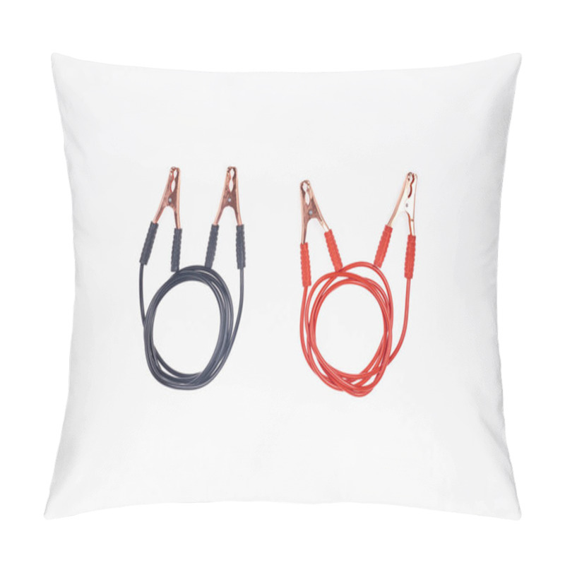 Personality  Top View Of Arranged Jump Start Cables Isolated On White Pillow Covers