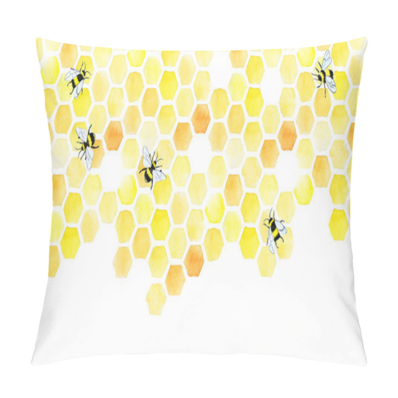 Personality  Watercolor Seamless Border, Pattern With Honeycomb And Cute Bees. Hand Drawing, Yellow Honeycomb, Print On The Theme Of Farming, Organic Products, Beekeeping, Honey Production. Web Banner Pillow Covers