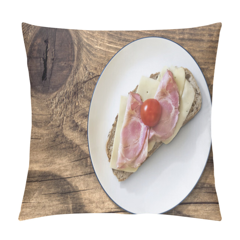 Personality  Ham Cheese And Tomato Sandwich With Bacon Rasher On Old Wooden Surface Pillow Covers