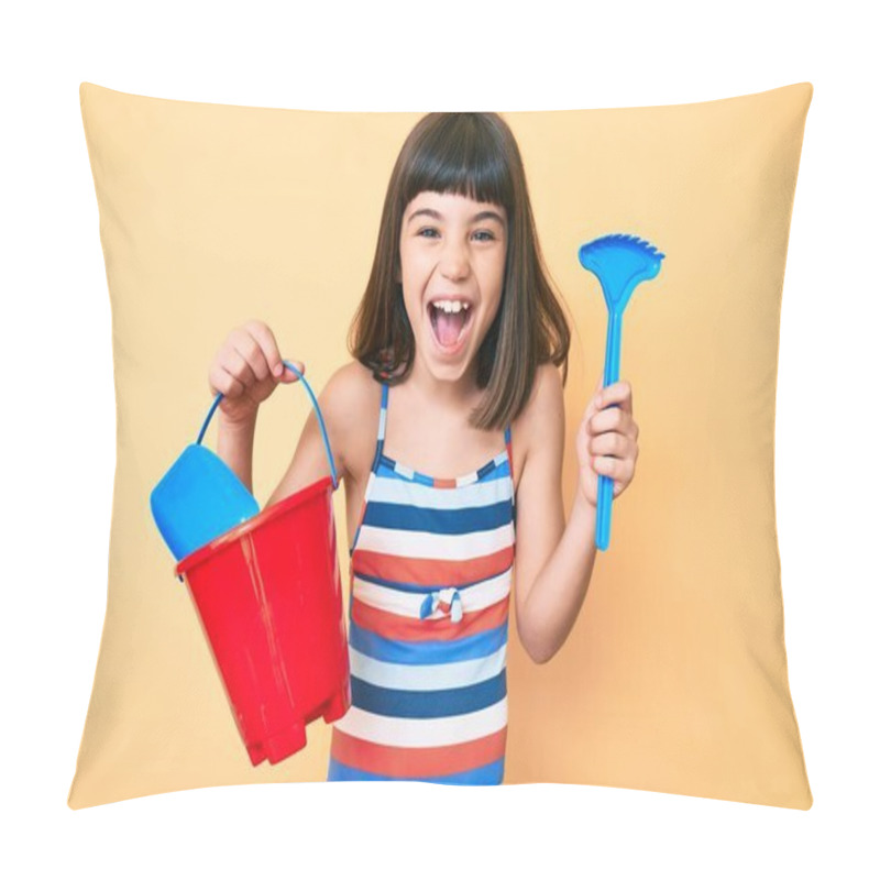 Personality  Young Little Girl With Bang Playing With Summer Shovel And Bucket Toys Smiling And Laughing Hard Out Loud Because Funny Crazy Joke.  Pillow Covers