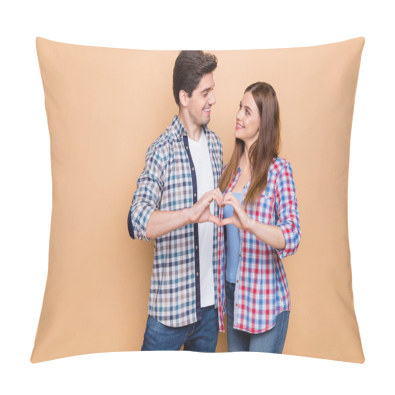 Personality  Portrait Of His He Her She Nice Attractive Lovely Tender Sweet Gentle Cheerful Couple Wearing Checked Shirt Showing Heart Figure Honey Moon Isolated Over Beige Pastel Color Background Pillow Covers