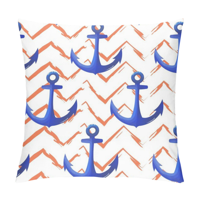 Personality  Print Anchor Blue Navy Pattern. Chevron Orange Vector Background. Repetition Marine Texture. Colorful Marine Cover Pillow Covers