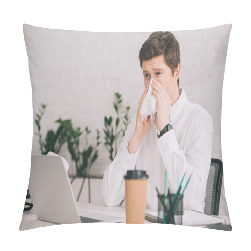 Personality  Handsome Businessman Sneezing In Tissue While Sitting Near Laptop In Office  Pillow Covers