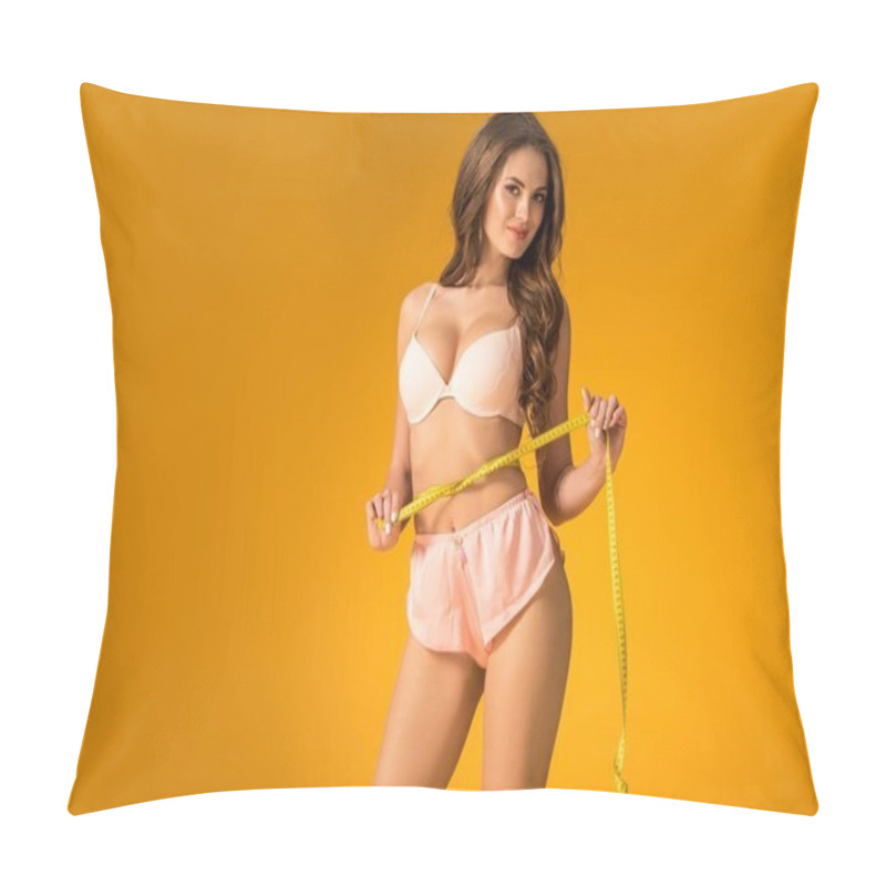 Personality  Sexy Girl In Lingerie Set Measuring Waist Isolated On Orange Pillow Covers