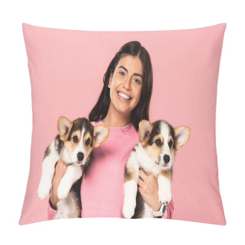 Personality  Beautiful Woman Holding Cute Welsh Corgi Puppies, Isolated On Pink Pillow Covers