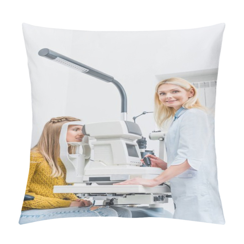 Personality  Professional Female Optometrist Examining Patient Through Slit Lamp In Clinic Pillow Covers