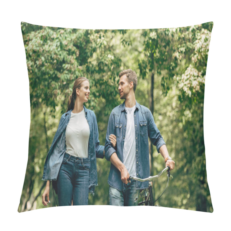 Personality  Happy Young Couple In Denim Shirts With Bicycle Walking By Park Pillow Covers