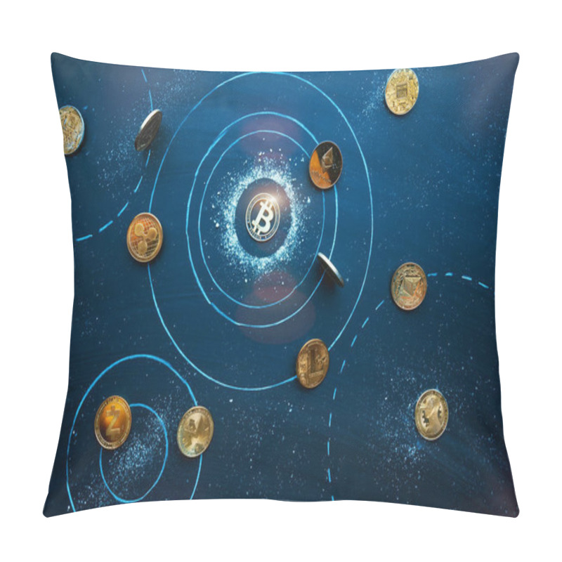 Personality  Altcoins Revolve Around Bitcoin In Cosmos. Universe Of Cryptocurrencies. Bitcoin Domination Symbol, Market Balance, Teamwork, Leadership Concept. Network, Blockchain Interaction Idea Pillow Covers