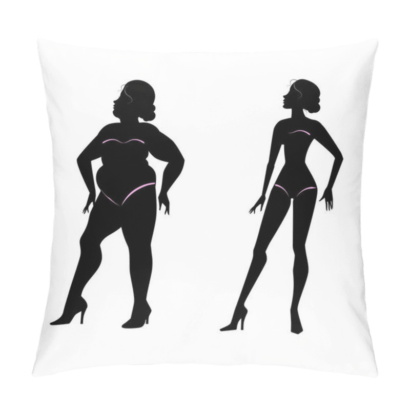 Personality  Fat Woman And Slender Woman Silhouettes. Healthy And Unhealthy Lifestyle Pillow Covers