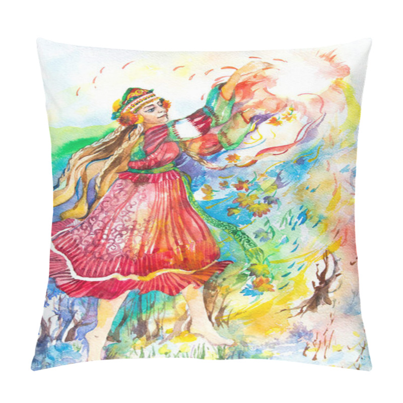 Personality  A Girl In A Full-length Slavic Costume. Symbol Of Summer And Spring.Watercolor Painting. Drawing With Water-based Paint. To Decorate Your Interior And Text.Colorful Illustration For Printing.Female Holiday.Mother's Day.A Beautiful, Inspiring Woman. Pillow Covers