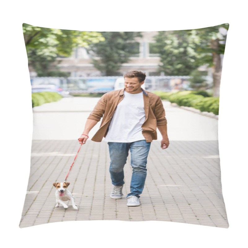 Personality  Young Man In Casual Clothes Walking With Jack Russell Terrier Dog Along City Alley Pillow Covers