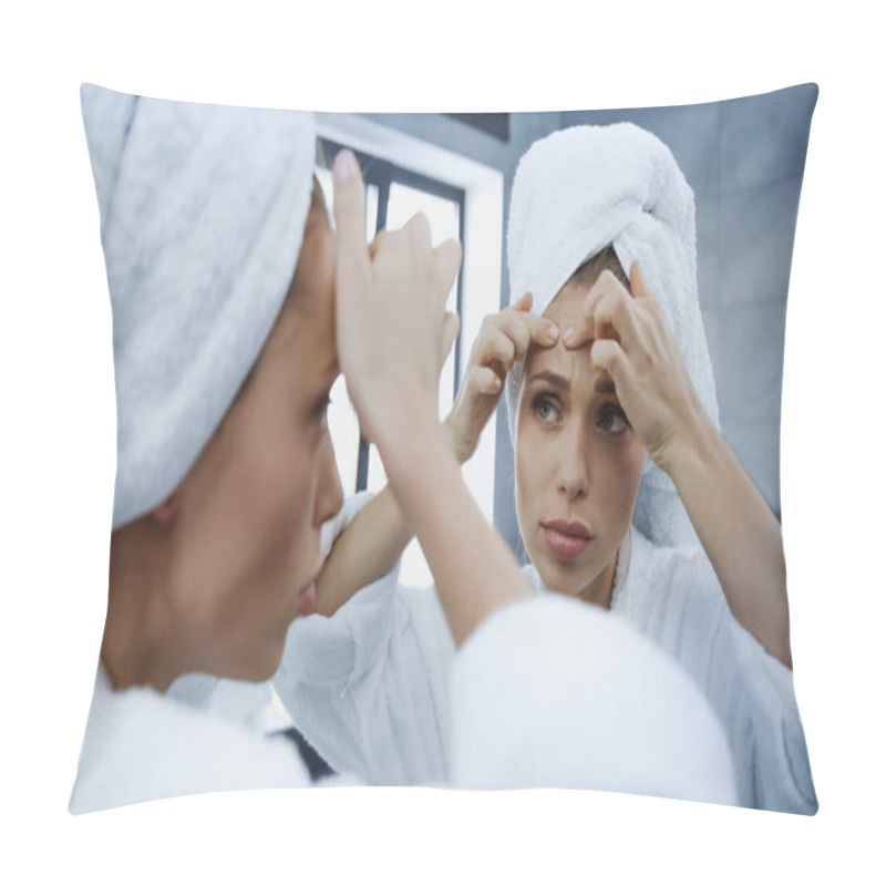 Personality  Worried Young Woman Squeezing Pimple And Looking At Mirror In Bathroom Pillow Covers