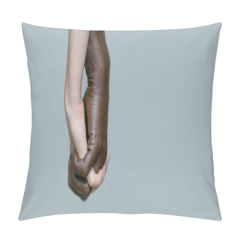 Personality  A Black Mans Hand Holds A White Womans Hand And Weaves The Fingers Together.The Concept Of Interracial Friendship, Love And Respect.Copy Of The Space, Gray Isolated Background, Side View,banner. Pillow Covers