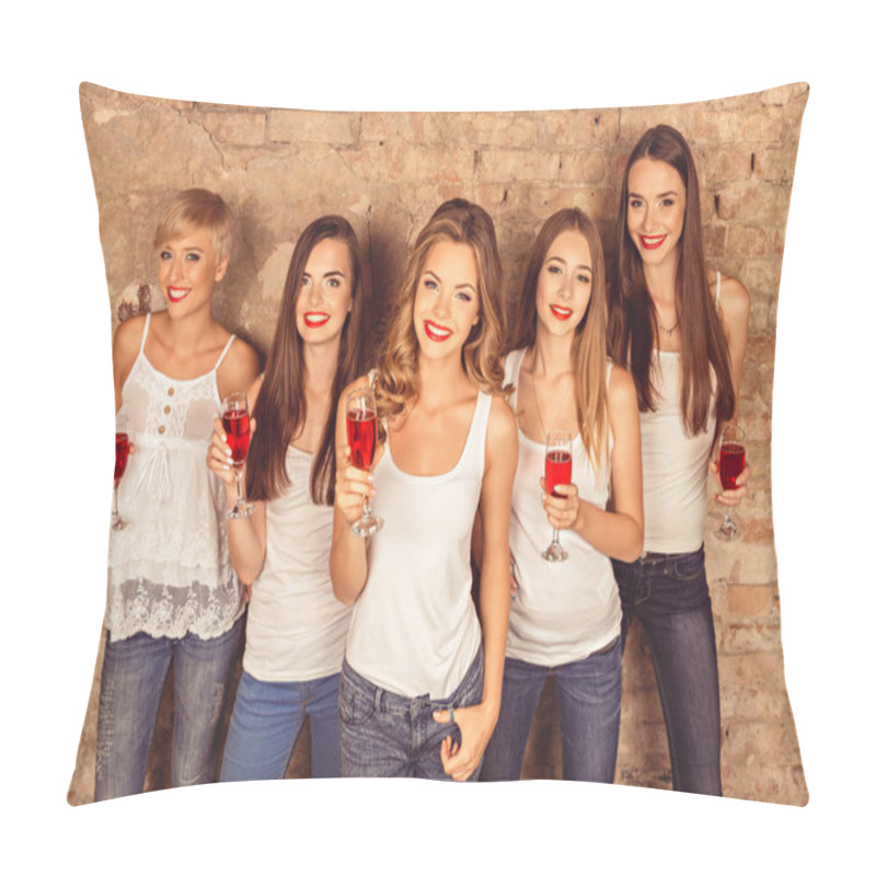 Personality  Cheers! Girls Celebrate A Bachelorette Party Of Bride. Pillow Covers