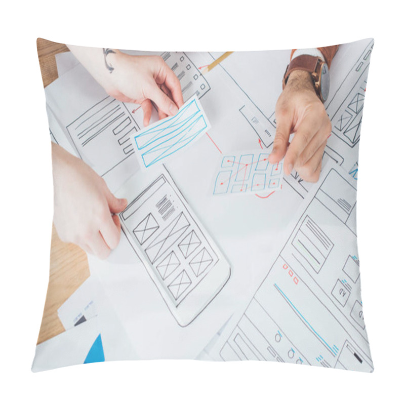 Personality  Cropped View Of Ux Designers Planning Interface Of Mobile Website With Layouts On Table Pillow Covers