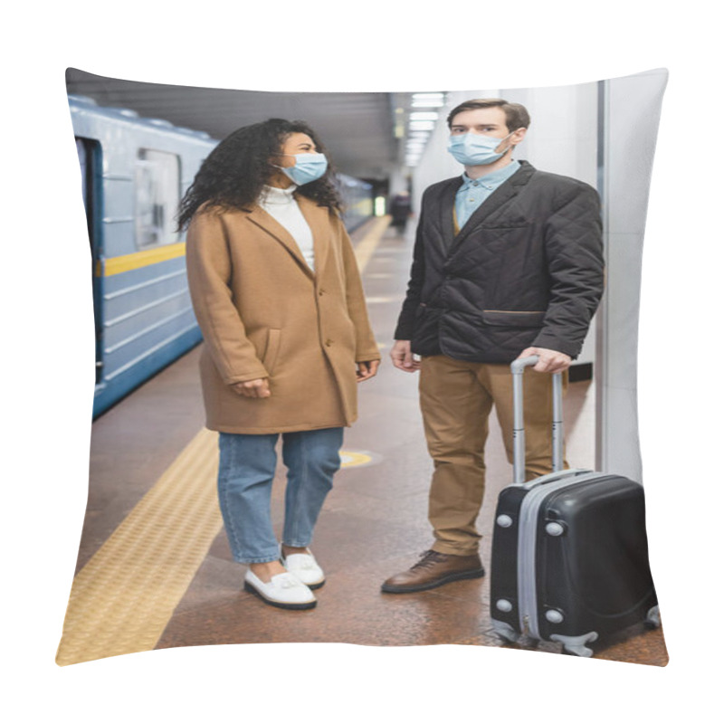 Personality  Interracial Couple In Medical Masks Standing On Platform With Luggage  Pillow Covers