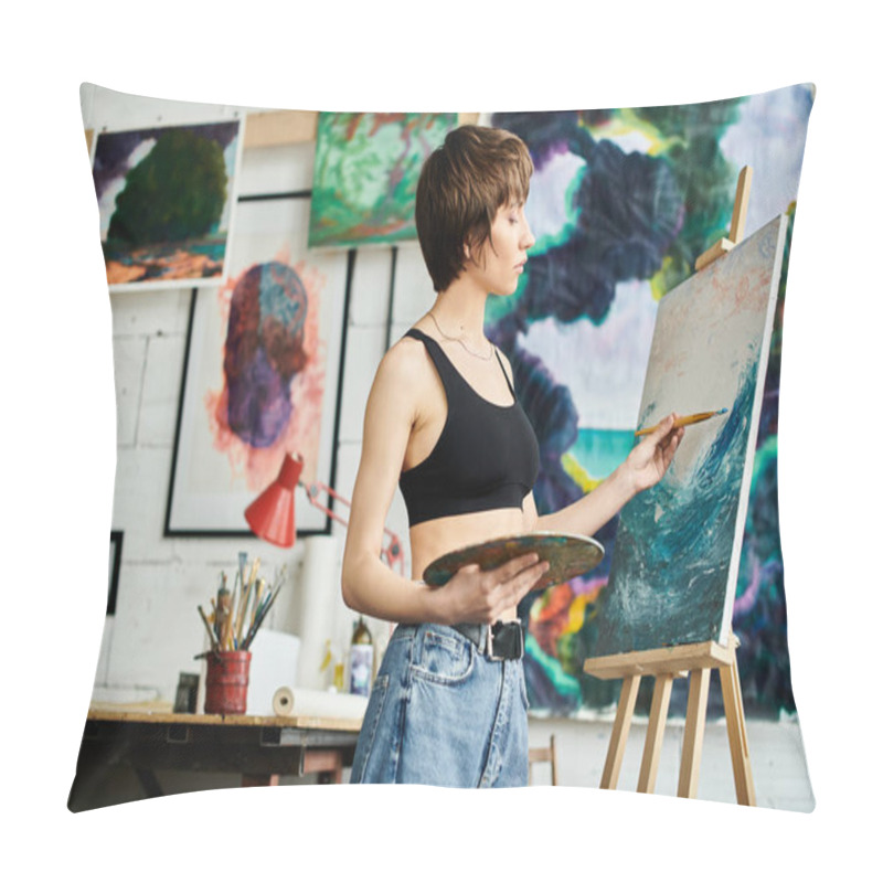 Personality  A Woman In A Black Tank Top Is Focused On Painting A Masterpiece. Pillow Covers