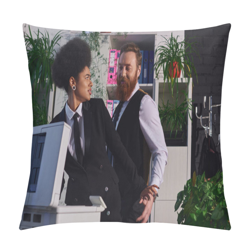 Personality  Bearded Businessman Seducing Indignant African American Woman Near Copier In Office, Harassment Pillow Covers