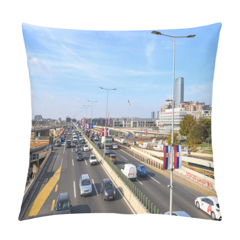 Personality  Mostar Loop Interchange And Urban Highway Over Gazela Bridge (European Route E75) In Belgrade, Capital Of Serbia On 31 October 2024 Pillow Covers