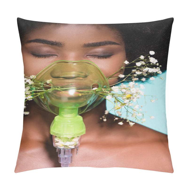 Personality  African American Young Woman With Flowers In Inhaler Isolated On Blue Background Pillow Covers