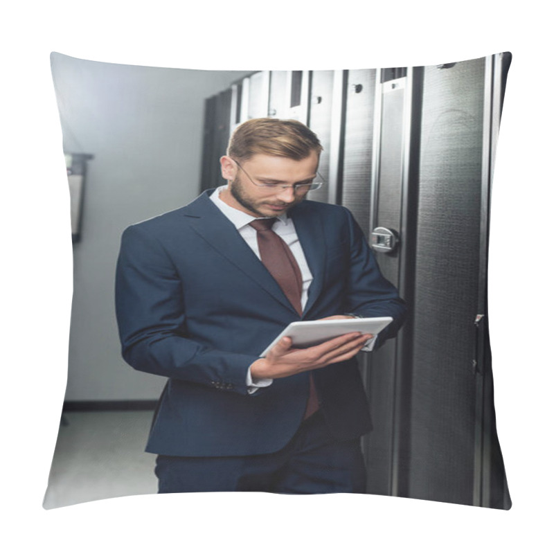 Personality  Businessman In Suit Using Digital Tablet In Data Center  Pillow Covers