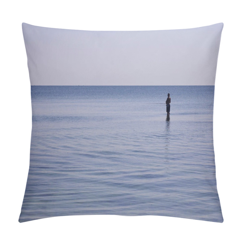 Personality  Lone Fisherman Fishes In A Completely Calm Sea With His Feet Covered By Water. Fishing In Relaxing Glass Calm Sea Water Copy Space. Pillow Covers