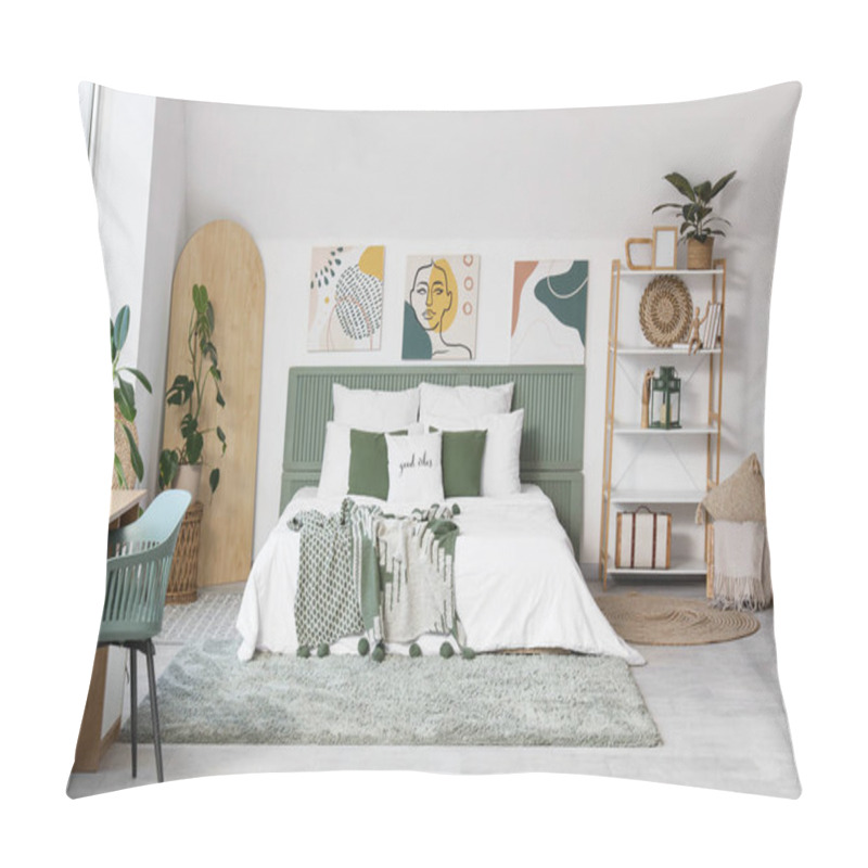 Personality  Interior Of Light Bedroom With Paintings, Shelf Unit And Plants Pillow Covers