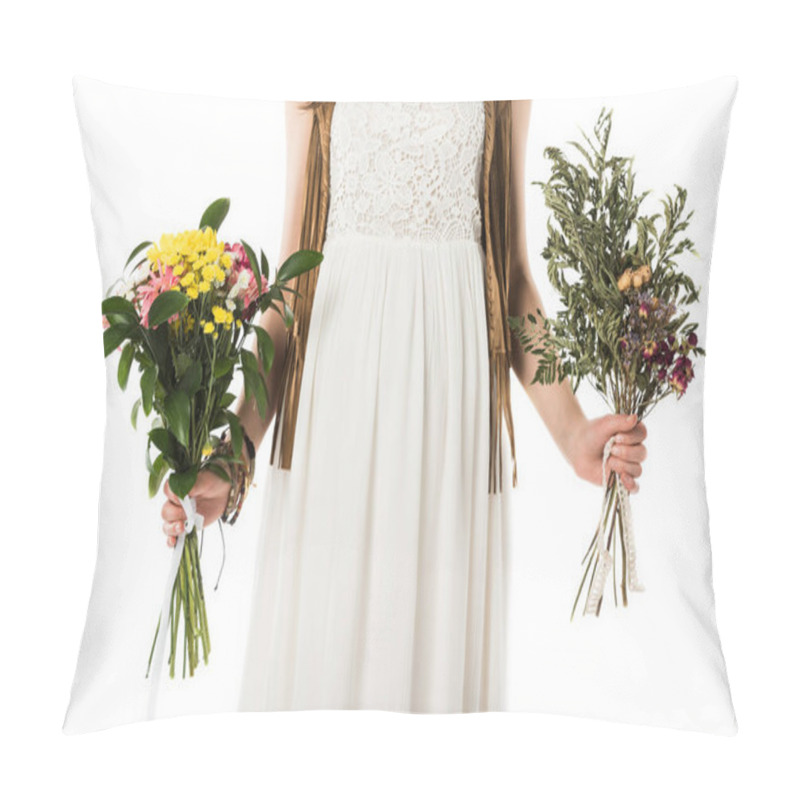 Personality  Cropped View Of Pregnant Hippie Woman In Wreath Holding Flowers Isolated On White Pillow Covers