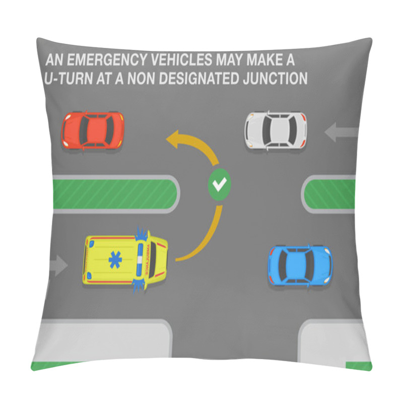 Personality  Traffic Regulating Rules And Tips. Safety Car Driving. An Emergency Vehicles May Make A U-turn At A Non Designated Junction. Flat Vector Illustration Template. Pillow Covers