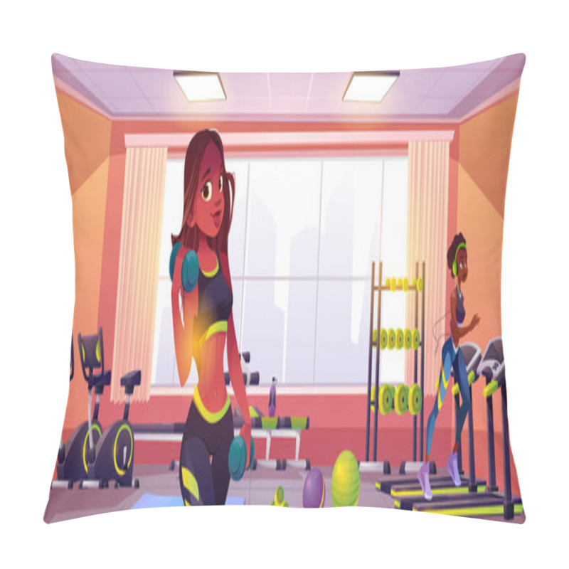 Personality  Fit Black Woman In Sport Gym For Workout Exercise Illustration. People Do Cardio Training And Dumbbell Aerobic In Athlete Studio For Healthy Body. Young Slim Female Person In Sportswear Jogging Pillow Covers