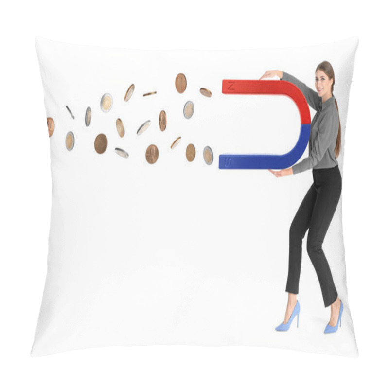 Personality  Young Woman Attracting Money With Magnet On White Background Pillow Covers