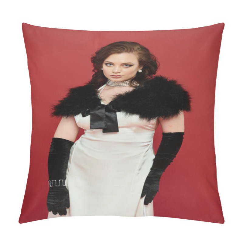 Personality  A Beautiful Young Woman In A Stunning Outfit Displays Confidence And Grace In A Bold Setting. Pillow Covers