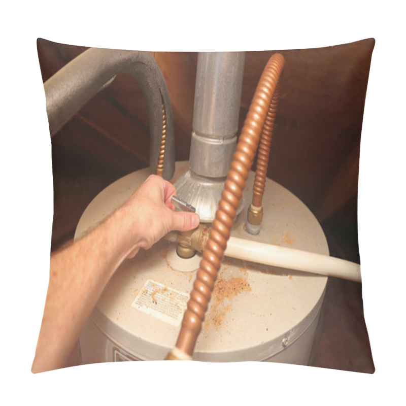 Personality  Water Heater - Hand Releases T&P Safety Relief Valve On A Home Water Heater Pillow Covers