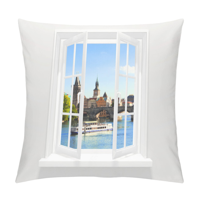 Personality  Opened Window And View On Charles Bridge, Prague, Czech Republic Pillow Covers